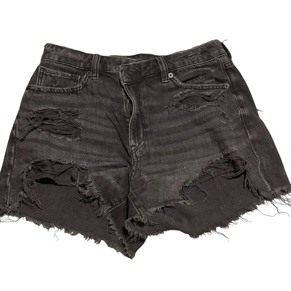 American Eagle Women Black Denim Distressed High Waisted Cutoff‎ Shorts Size 2